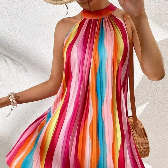 Multicolor Colorblock Print Halter Neck Mini Dress - Picture 3 of 5